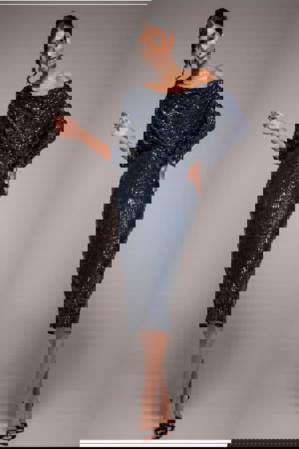Sequin Cowl Neck Midi Dress - Navy DR3321