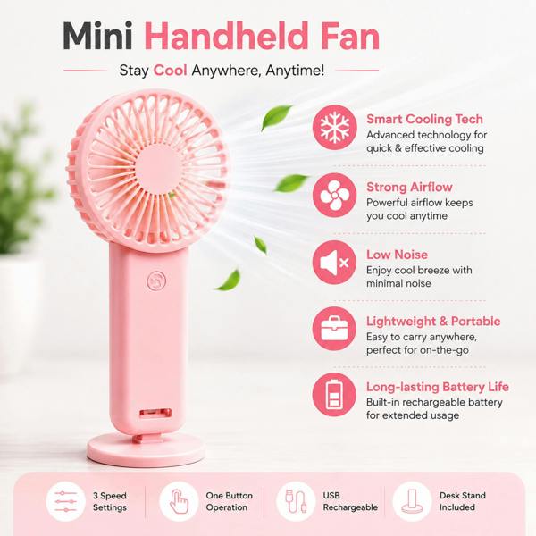 Dyzi Mini Rechargeable Handheld Fan 3 Speed USB Pink