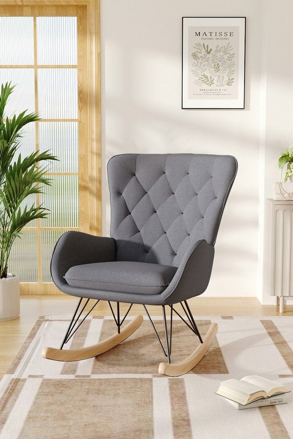 Living and Home Modern Grey Upholstered Rocking Chair for Living Room Bedroom