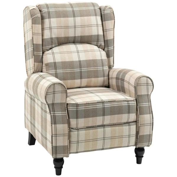 Beige and brown plaid wingback recliner armchair with rounded arms and dark legs