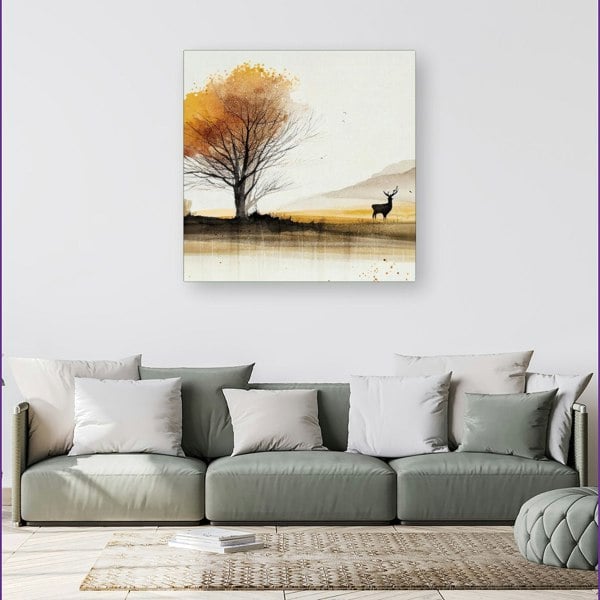 Warren Reed Autumn Landscape Stag Watercolour Canvas