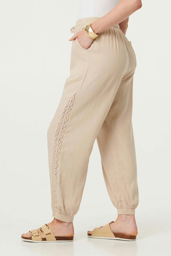Linen | Lace Trim Drawstring High Waist Trousers