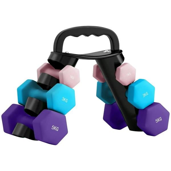 Hex dumbbells with pink, blue and purple 1kg, 3kg, 5kg weights on storage rack