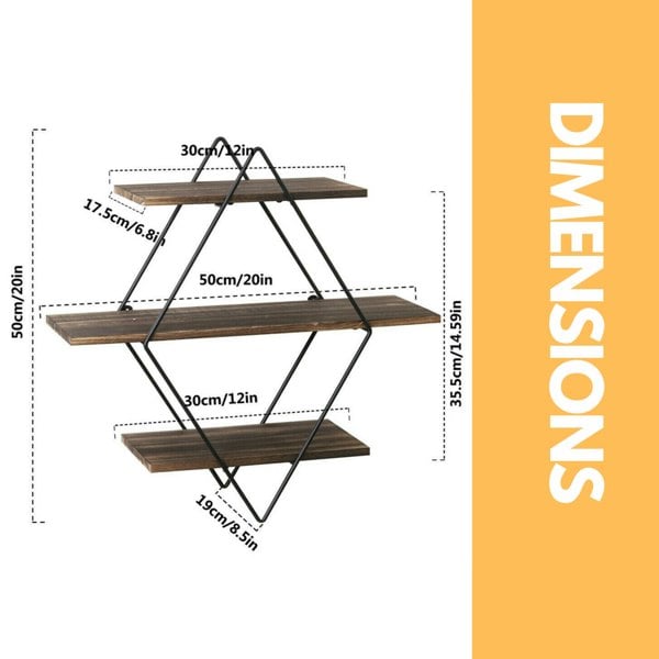 Rafaelo Mobilia Industrial 3 Tier Wooden Diamond Shape Floating Shelf