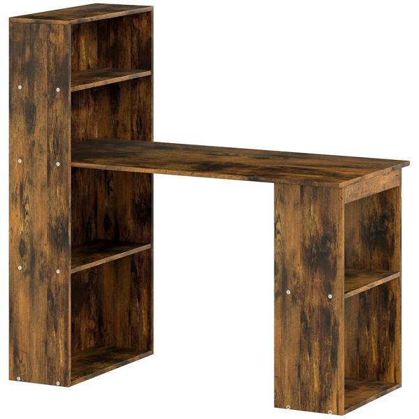 Rustic brown wooden computer desk with open side shelves and flat tabletop
