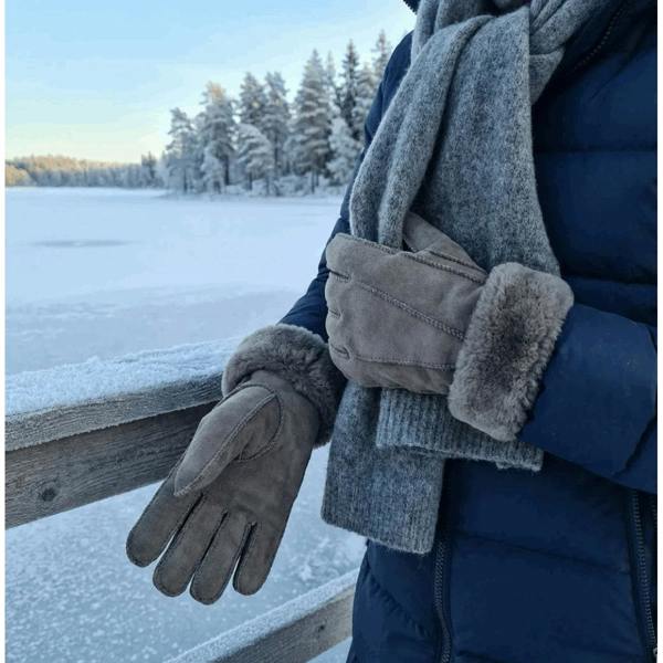 Unisex Suede Leather Shearling Wool Lined Thermal Gloves - Stone - Infinity Leather - 17