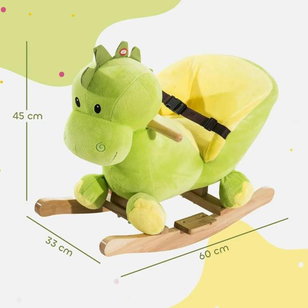 Green plush dinosaur ride-on rocking horse facing left, with black safety belt and wooden rockers