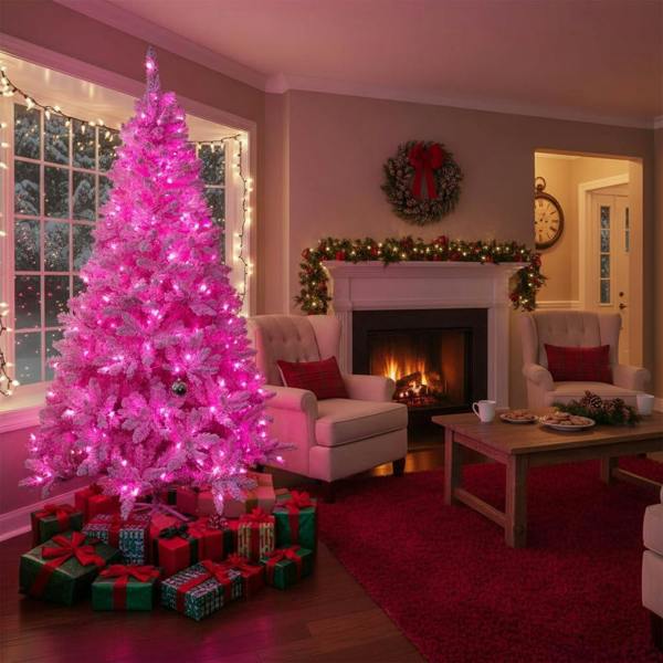 4ft to 8ft Pre-Lit Pink Flocked Christmas Tree with Snowy Finish and Built-In LED Lights image 9