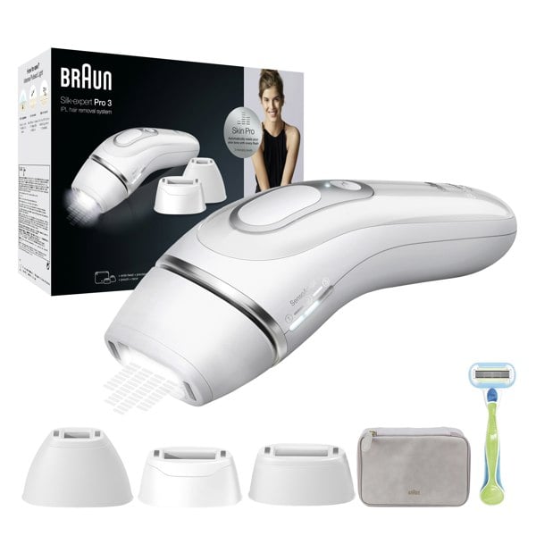 Braun Silk-Expert Pro 3 PL3233 Womens IPL, At Home Hair Removal Device with Pouch, White/Silver