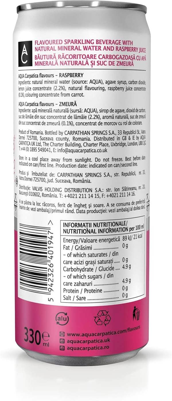 Aqua Carpatica Raspberry Flavoured Sparkling Water 6x330ml