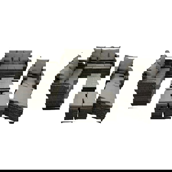 Fimous 3 Seater Sofa Reclining Chair Coffee Table Set Rattan Garden Outdoor Furniture Set with 3 Stool Dark Grey Mixed