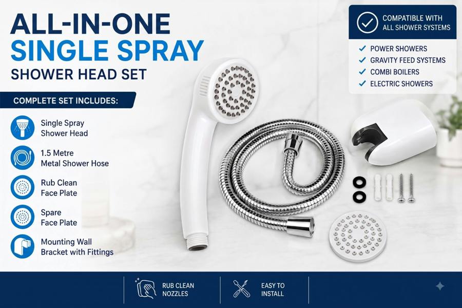 RTS White Shower Head Kit with Hose, Wall Mount Bracket and Extra Face Plate