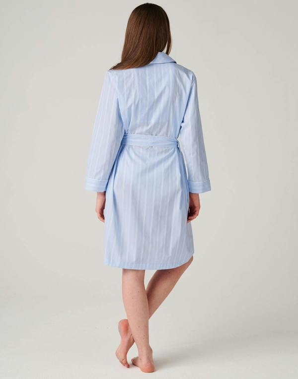 British Boxers Women's Cotton Mid-Length Dressing Gown – Breezy Blue Satin Stripe