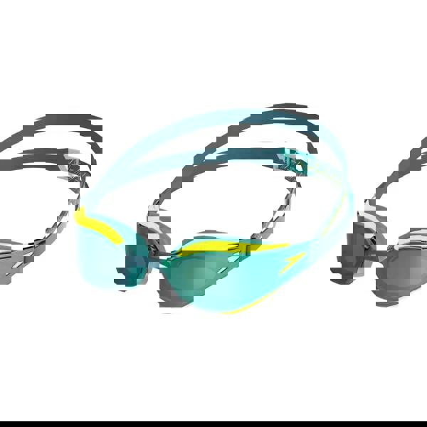 Teal and yellow Speedo Fastskin Hyper Elite mirror swim goggles with sleek hydrodynamic design