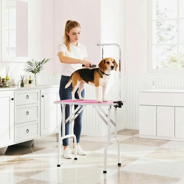 32" Foldable Dog Grooming Table Pet Drying Beauty Table Adjustable Fixed Arm Rubber Top, Pink - Pink
