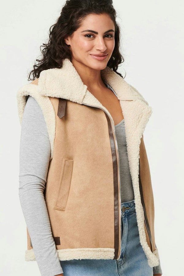 Beige | Faux Suede Fur Lined Sleeveless Gilet
