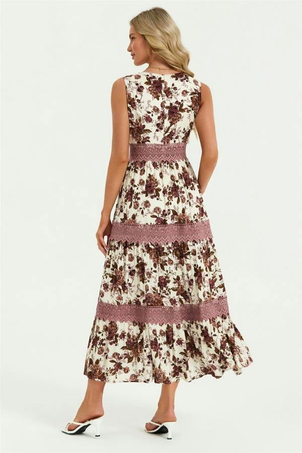 FS Collection Floral Print Lace Detail Maxi Dress In Off White