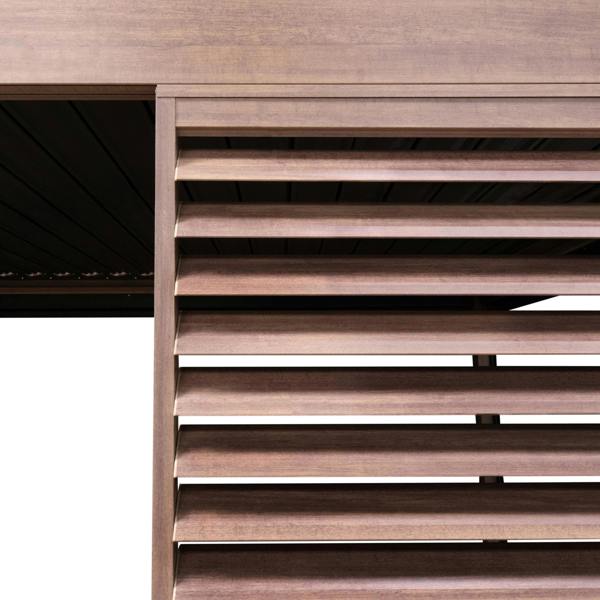 Wood effect aluminium pergola featuring two louvre panels, showcasing a rich brown finish and sleek slatted design for outdoor shade