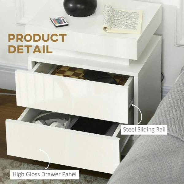 White high-gloss drawer panel with steel sliding rail detail in open nightstand