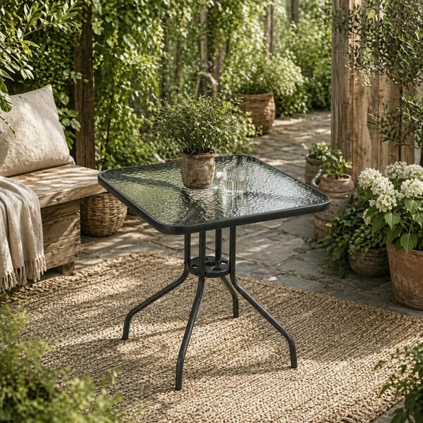 Wyld Haus Laloke Metal And Glass Square Garden Dining Table With Umbrella Hole