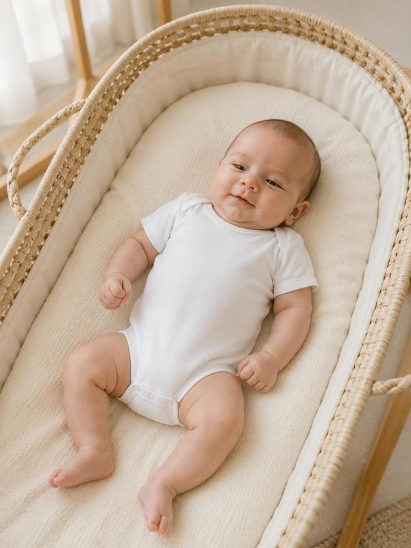 wearing Prima Cotton’s Organic Baby Bodysuit for Sensitive Skin made from 100% GOTS-certified organic Egyptian cotton while resting peacefully in a natural Moses basket.