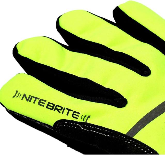 Close-up of fluorescent yellow Optimum NiteBrite glove fingers with black NiteBrite logo print - Optimum