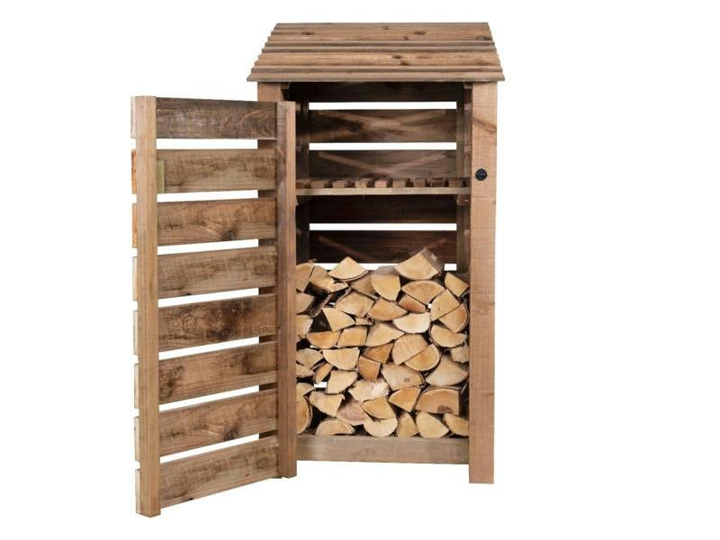Arbor Garden Solutions Slatted Wooden Log Store with Door and Shelf W-99cm, H-126cm or 180cm, D-88cm - Brown Finish
