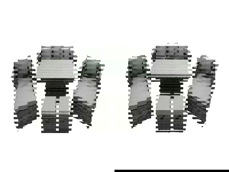 Fimous PE Rattan Garden Furniture Set Lounge Sofa Rising Dining Table Set with 4 Footstool Dark Grey Mixed