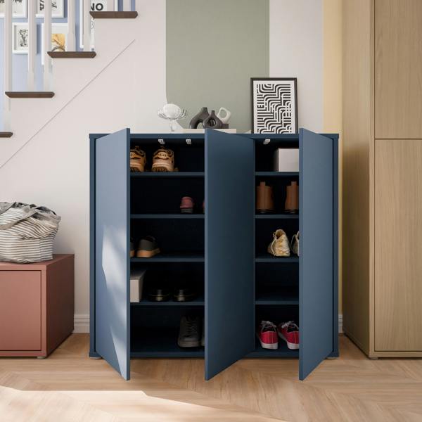 Furniture To Go Alice Springs Shoe Cabinet with 3 Doors Push-to-Open in Night Blue