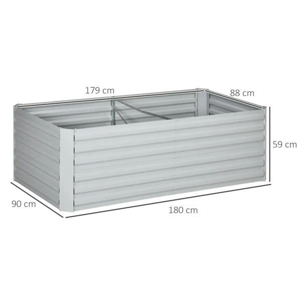 Light grey galvanized steel raised bed planter, 180 x 90 x 59 cm, open interior