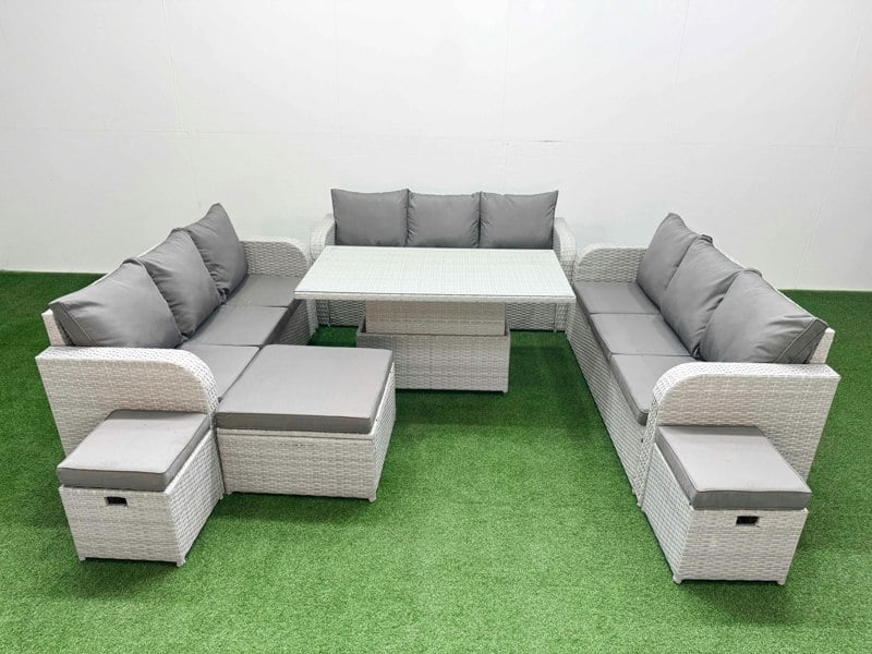 Fimous 12 Seater Light Grey PE Rattan Outdoor Lounge Set - Adjustable Lifting Dining/Coffee Table, 3-Seater Sofa & 3 Stools