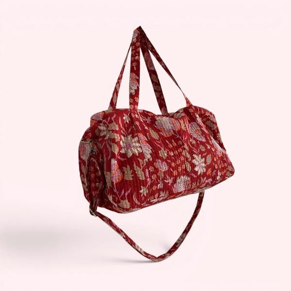Hayley & Co Weekend Duffle Bag | Red Block Print Floral with Long Strap