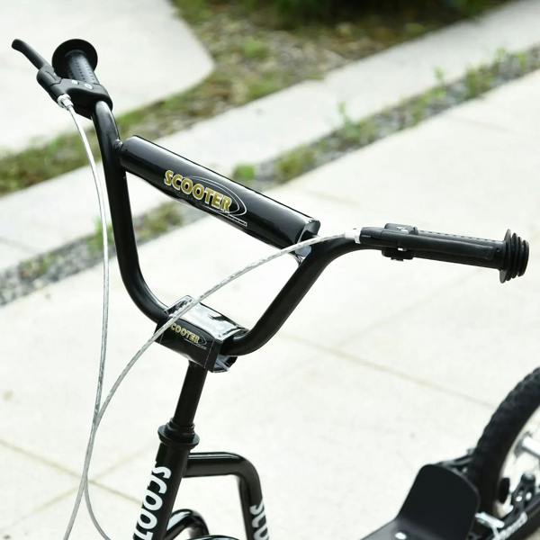 Teen kick scooter with black handlebar grips, inflatable front wheel, brake lever visible