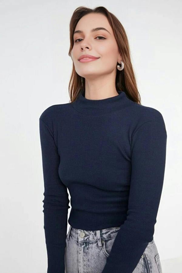WOVCOR Fitted Stand Collar Long Sleeve Ribbed Knit Blouse