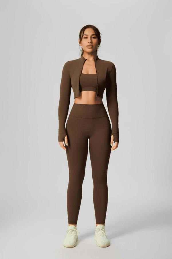 Anniou Zip Thumbhole Crop Yoga Jacket - Brown