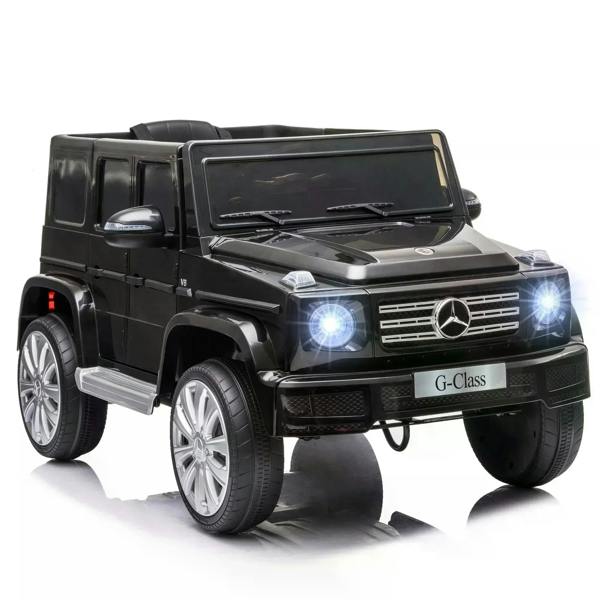 Black kids electric ride-on car, front grille with Mercedes emblem and glowing headlights