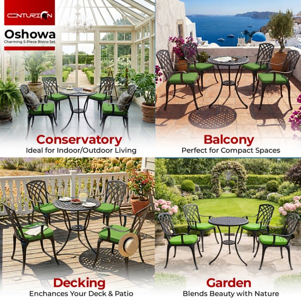 Centurion Supports OSHOWA Garden and Patio Table and 4 Large Chairs with Armrests Cast Aluminium Bistro Set - Green cushions