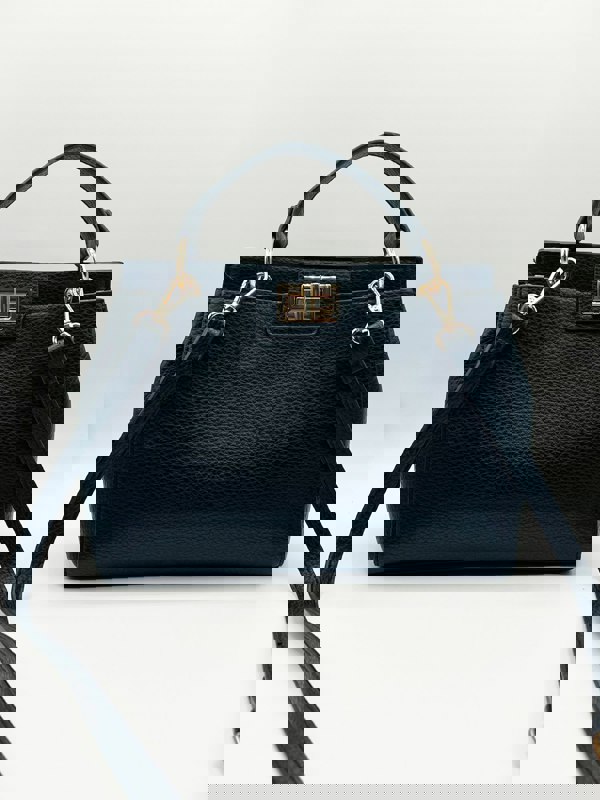 SVNX Black faux leather handbag with gold trim