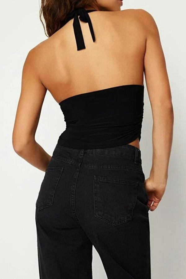 WOVCOR Halter Neck Patterned Fitted Crop Knit Blouse