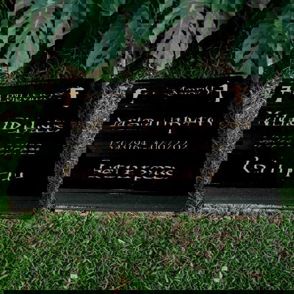 Memorials Direct Granite Memorial Tablet with Cross Design, Free Personalised Gold Engraving, Polished Black Granite