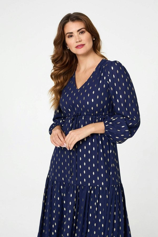 Navy | Metallic Print V-Neck Tiered Maxi Dress
