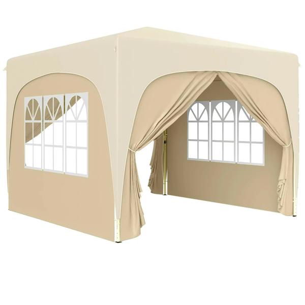 Sand-colored 3x3 m pop-up gazebo shelter with arched window openings and hanging curtains