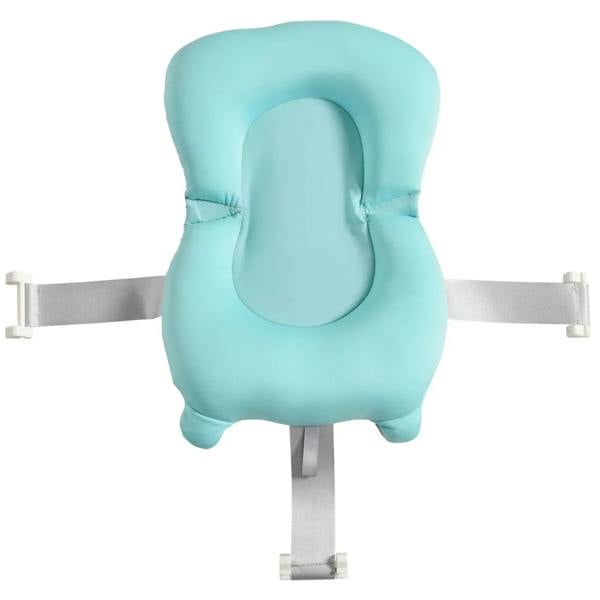 Blue bath cushion pad with safety straps for a green baby bath tub