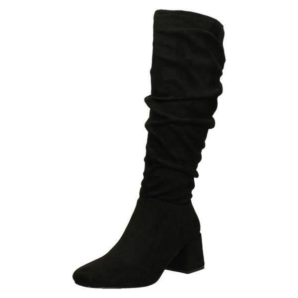 Spot On Ladies Spot On Rouched Mid Block Heel Knee High Boots F51242