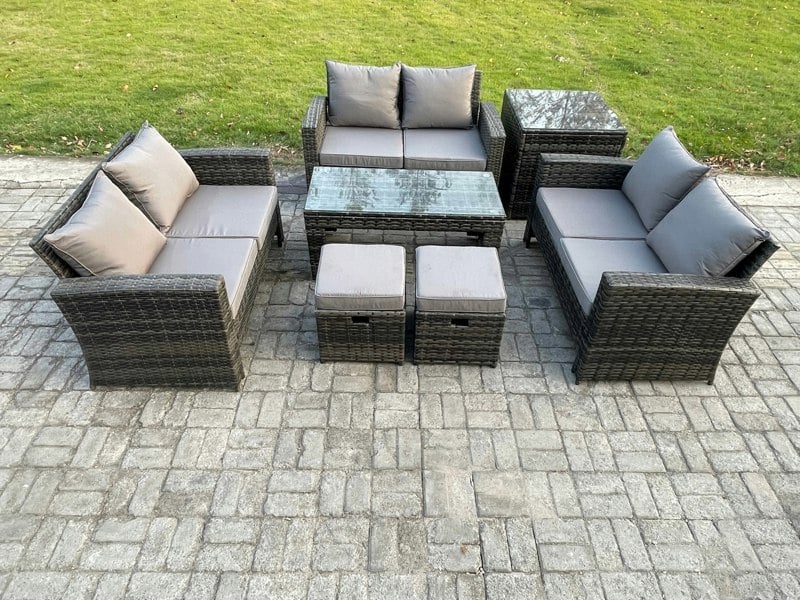 Fimous 7-Piece Outdoor Lounge Sofa Set - Dark Grey Mixed Wicker PE Rattan Garden Furniture with Coffee Table & 2 Small Footstools