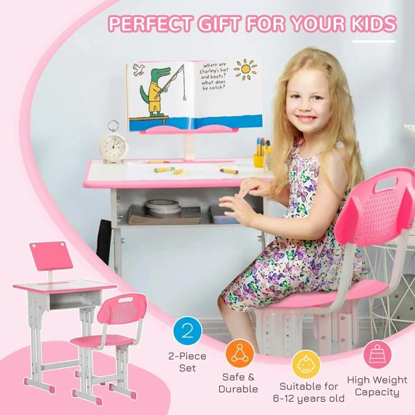 Kids pink desk with book stand and chair, shown with child seated at desk.