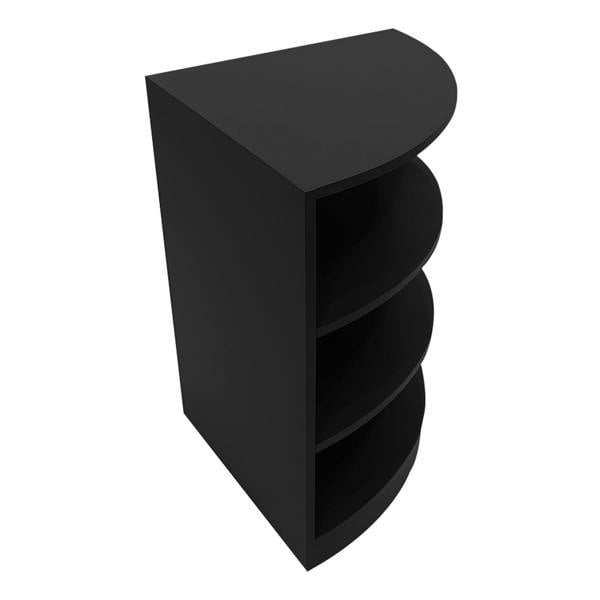 Curved black LED shop counter with four open shelves, designed for retail display and organization, sleek modern finish