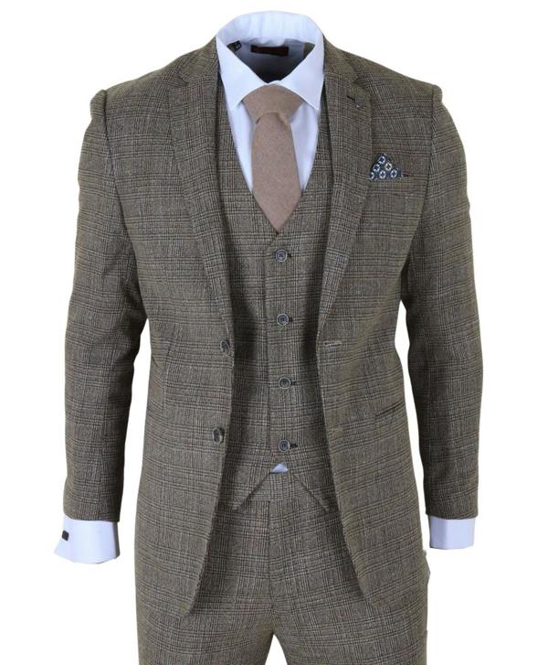 Infinity Leather Men's 3-Piece Brown Classic Check Suit Slim Fit Plaid Formal Party Suit