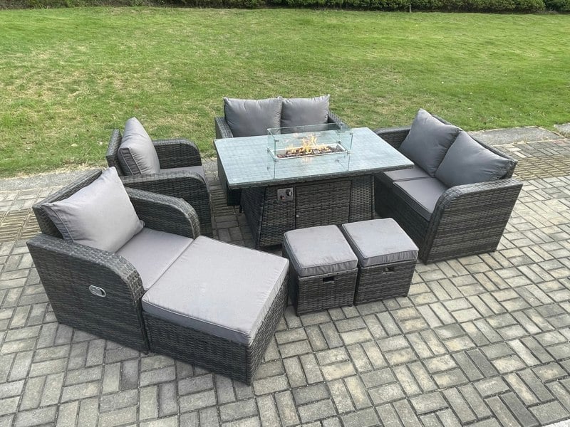 Fimous 9 Seater Rattan Garden Furniture Set Propane Gas Fire Pit Table and Sofa Chair set with 3 Footstool