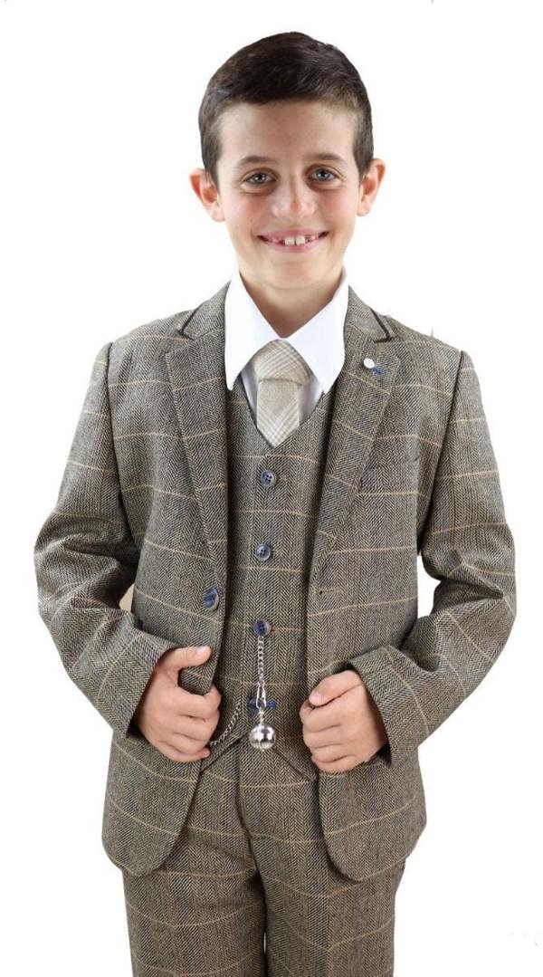 House of Cavani Boys 3 Piece Tan Brown Herringbone Tweed Check Classic  Suit